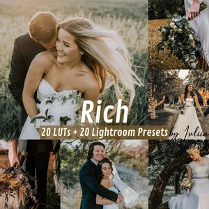 May include: A collage of wedding photos featuring couples, bouquets, and outdoor settings. The word "Rich" is displayed in large white letters, along with text indicating 20 LUTs and 20 Lightroom Presets by Juliia Presets.