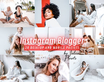 May include: A collage of lifestyle photos with a red banner that reads "Instagram Blogger 20 Desktop and Mobile Presets by Juliia Presets". The photos feature people in various settings, including a beach, a bedroom, and a bathroom.
