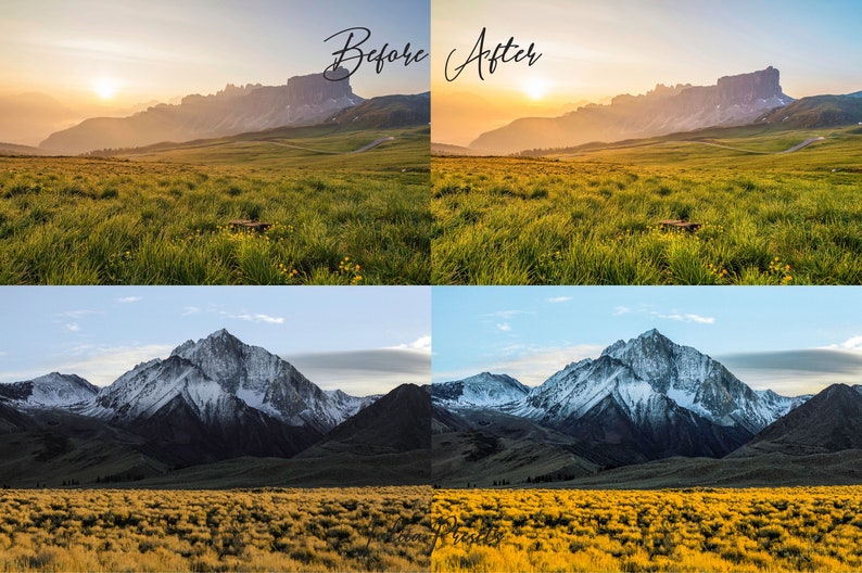 Puede incluir: Comparaci&oacute;n de antes y despu&eacute;s de una fotograf&iacute;a de un paisaje de monta&ntilde;a. La imagen de antes muestra un amanecer brumoso y apagado sobre un campo de hierba con una cordillera de monta&ntilde;as en el fondo. La imagen de despu&eacute;s muestra un amanecer m&aacute;s brillante y vibrante con un cielo despejado y picos de monta&ntilde;as m&aacute;s definidos. La segunda fila muestra una comparaci&oacute;n similar de una cordillera con picos cubiertos de nieve. La imagen de antes muestra un paisaje m&aacute;s oscuro y apagado, mientras que la imagen de despu&eacute;s muestra un paisaje m&aacute;s brillante y vibrante con un cielo azul claro.