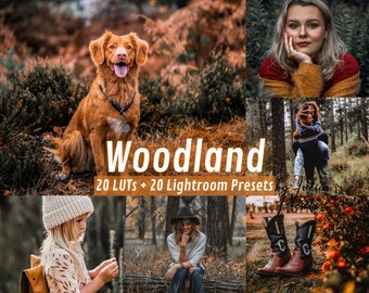 Puede incluir: Una colección de 20 ajustes preestablecidos de Lightroom y 20 LUT para editar fotos con un tema de bosque. La imagen muestra una variedad de escenas, incluyendo un perro en el bosque, una mujer en un bosque y un niño en un área boscosa. Los ajustes preestablecidos y las LUT están diseñados para dar a tus fotos un aspecto cálido, natural y melancólico.
