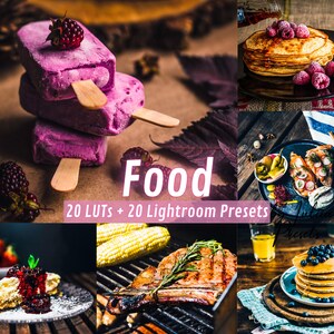 以下が含まれることがあります： アイスクリーム、パンケーキ、焼きトウモロコシ、ステーキ、ベリーの盛り合わせなど、さまざまな食品を展示したコラージュ。画像の中央に「Food 20 LUTs + 20 Lightroom Presets」というテキストが表示されています。