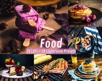 May include: A collage of images showcasing various food items, including popsicles, pancakes, grilled corn, steak, and a plate of berries. The text "Food 20 LUTs + 20 Lightroom Presets" is displayed in the center of the image.