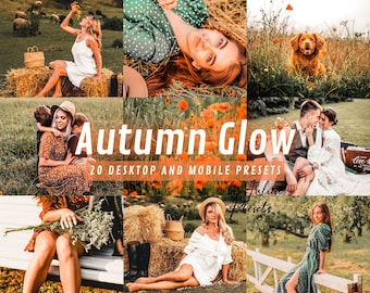 May include: A set of 20 digital photo presets called "Autumn Glow" for desktop and mobile devices. The presets are designed to enhance photos with warm, autumnal tones and a soft, dreamy glow.