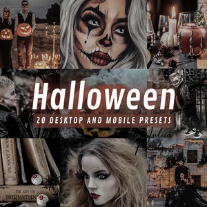 Peut inclure: Un ensemble de 20 préréglages numériques sur le thème d'Halloween pour les ordinateurs de bureau et les appareils mobiles. Les préréglages sont conçus pour donner aux photos une esthétique sombre et fantomatique. L'image montre une variété de photos qui ont été éditées avec les préréglages, notamment un couple déguisé en costumes, un enfant avec un maquillage d'Halloween et une nature morte effrayante.