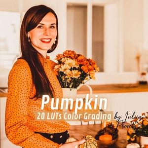 May include: A woman in a polka dot orange shirt holds a bouquet of orange and yellow flowers in a white vase. The text "Pumpkin 20 LUTs Color Grading by Julia Presets" is on the image.
