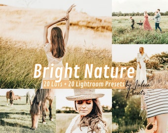 Puede incluir: Un collage de imágenes que presenta a una mujer con un vestido blanco, una familia caminando por un campo, una mujer con un sombrero y una mujer con una falda a rayas. El texto "Bright Nature" se muestra en el centro del collage, junto con el texto "20 LUTS + 20 Lightroom Presets by Julia Presets".
