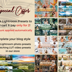 Puede incluir: Un collage de 12 presets de Lightroom diferentes para dispositivos de escritorio y m&oacute;viles. Los presets est&aacute;n categorizados por tema, incluyendo Est&eacute;tica de verano, Vista de monta&ntilde;as, Naturaleza, Tonos tierra, Natural, Playa, Paisaje, Bosque y Naturaleza brillante. El texto "Oferta especial" est&aacute; en la parte superior de la imagen, y el texto "&iexcl;A&ntilde;ade 4 presets de Lightroom a tu carrito y paga solo por 2! Descuento aplicado autom&aacute;ticamente" est&aacute; debajo del collage. El texto "Completa tu estilo de blog con presets de fotos de Lightroom + presets de video LUT coincidentes en nuestra tienda" est&aacute; debajo del texto de la oferta.