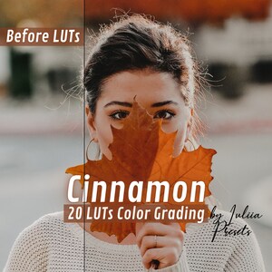 May include: A woman holding a large, orange autumn leaf in front of her face. The image has text that reads "Before LUTs" at the top and "Cinnamon 20 LUTs Color Grading by Julia Presets" at the bottom, suggesting a product related to photo editing.
