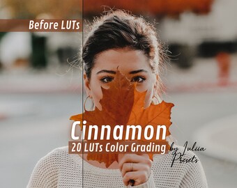 Paquete de 20 LUT Autumn Cinnamon para DaVinci Resolve y Final Cut Pro: ajustes preestablecidos de gradación de color para vídeo cinematográfico y paquete de tablas de consulta para estrenos de otoño.