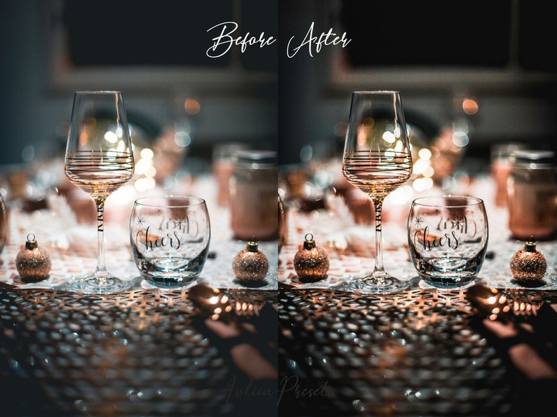 Puede incluir: Una imagen de antes y despu&eacute;s que muestra una mesa puesta con dos vasos, uno con un borde dorado y el otro con las palabras "2021 Cheers". La imagen de la derecha muestra la mesa puesta despu&eacute;s de aplicar un filtro de edici&oacute;n de fotos.
