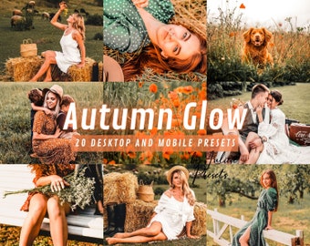 May include: A collection of 20 desktop and mobile presets for photo editing, called "Autumn Glow" by Juline Presets. The presets are designed to give photos a warm, autumnal look.