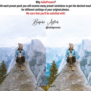 Puede incluir: Comparaci&oacute;n de fotos antes y despu&eacute;s de una mujer con una chaqueta vaquera y un gorro sentada en una roca con una cordillera de monta&ntilde;as al fondo. La foto de la derecha ha sido editada con un filtro preestablecido.