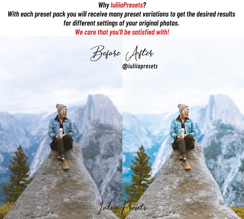 Puede incluir: Comparaci&oacute;n de fotos antes y despu&eacute;s de una mujer con una chaqueta vaquera y un gorro sentada en una roca con una cordillera de monta&ntilde;as al fondo. La foto de la derecha ha sido editada con un filtro preestablecido.