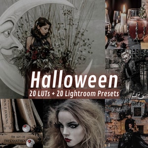 May include: A collage of images with a Halloween theme. The images include a woman in a black dress, a spooky moon, a glass of red liquid, a boy in a black jacket, a stack of books with a skeleton hand, a woman with dark hair and makeup, and a couple in front of a stone building.