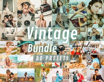 May include: A collage of 80 vintage photo presets for digital editing. The presets are designed to give photos a warm, nostalgic look. The collage features a variety of images, including people, landscapes, and food.