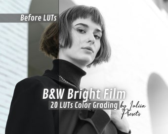 Paquete de 20 LUT cinematográficos en blanco y negro: tabla de consulta para DaVinci Resolve, Premiere Pro, Final Cut, ajustes preestablecidos de gradación de color de vídeo y editores de LUT de Adobe Film.