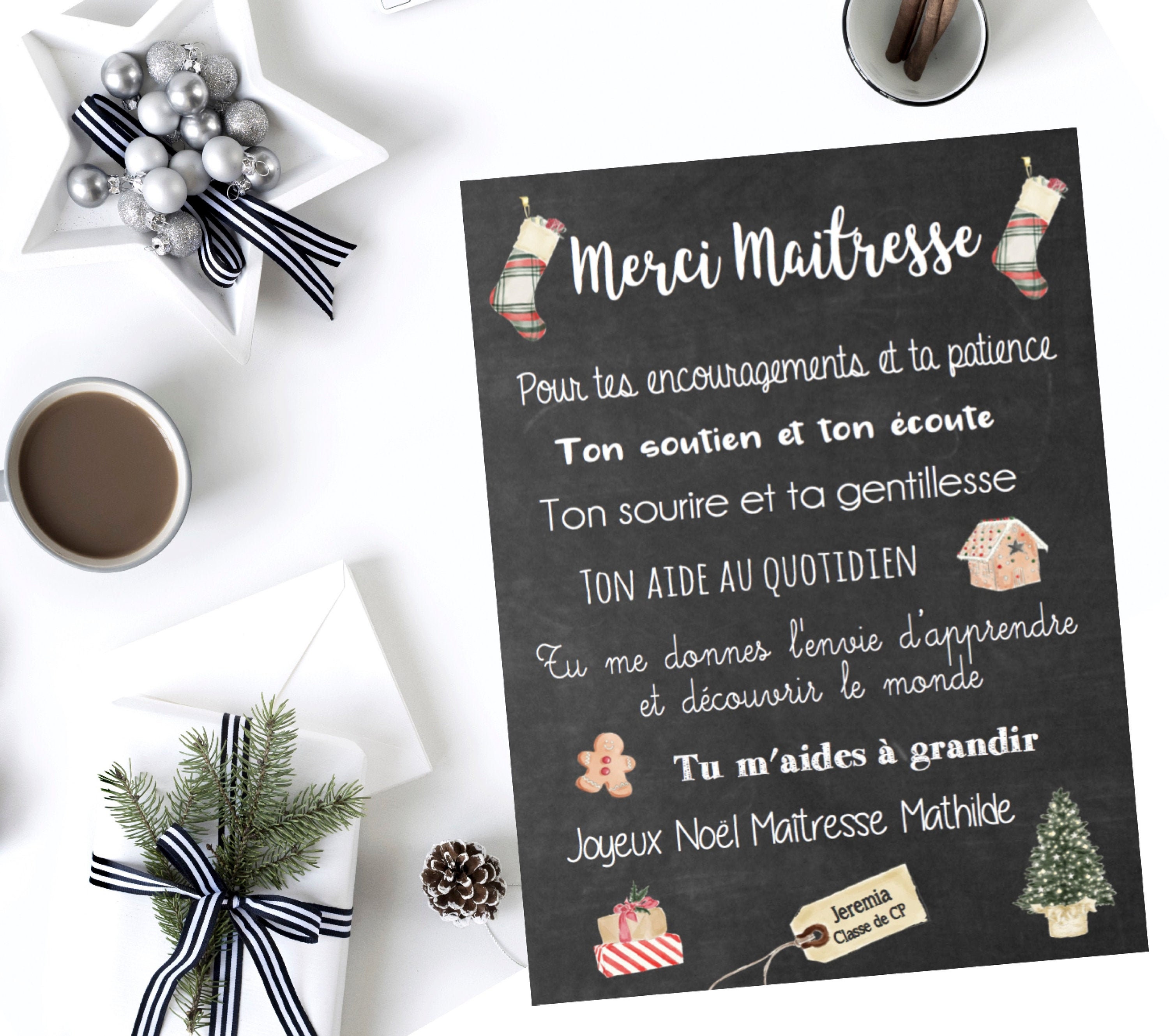 Joyeux Noel Maitresse Cadeau Noel Maitresse Carte Merci Etsy