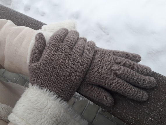 Knitted women's handmade gloves made of 100% wool brown color accessory for cool spring and autumn a perfect gift for a woman