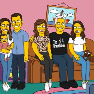 Benutzerdefinierte Cartoon Familienporträt Simpsons Stil, personalisierte digitale Zeichnung gelbe Charaktere, Springfield inspiriert Kunstdruck Geschenk