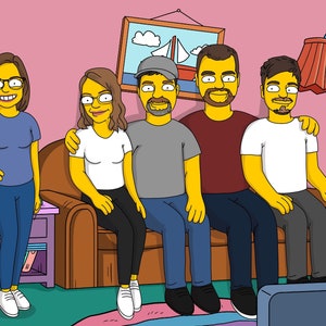 Ritratto digitale in stile Simpson, regalo di compleanno personalizzato, disegno personalizzato di Springfield, personaggio dei cartoni animati della famiglia gialla