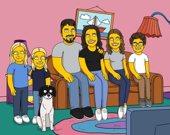 Custom Digital Simpsons Portrait, Personalized Family Cartoon Art, Yellow Character Drawing Homer Bart Style Animation Wall Print