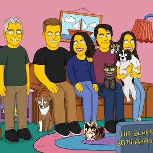 Pet Lover Simpson Portrait Custom Animal Friend Drawing, Personalized Yellow Character Dog Cat Owner Art Digital Print Companion Gift