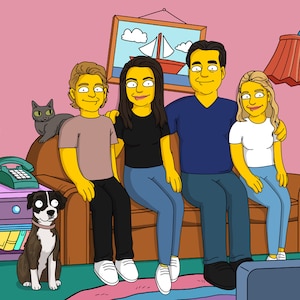 May include: A cartoon illustration of a family of four sitting on a brown couch in a living room. The family is made up of two adults and two children. The adults are sitting on the ends of the couch, while the children are sitting in the middle. There is a dog sitting on the floor in front of the couch. The living room is decorated with a lamp, a picture on the wall, and a TV.