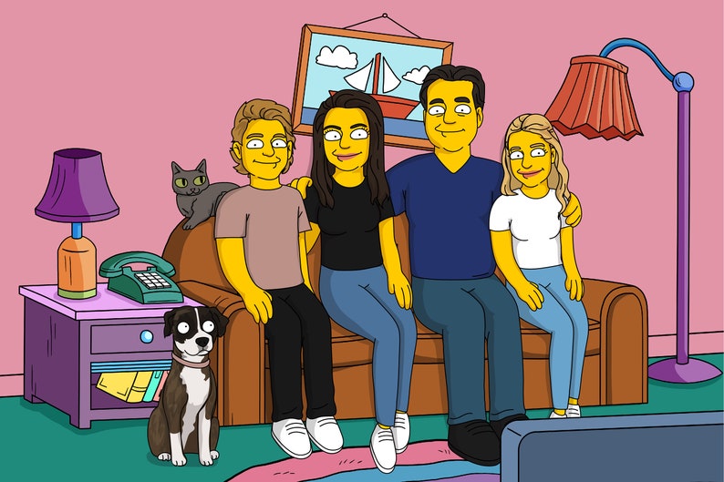 May include: A cartoon illustration of a family of four sitting on a brown couch in a living room. The family is made up of two adults and two children. The adults are sitting on the ends of the couch, while the children are sitting in the middle. There is a dog sitting on the floor in front of the couch. The living room is decorated with a lamp, a picture on the wall, and a TV.