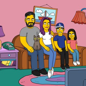 May include: A cartoon illustration of a family of four sitting on a brown couch in a living room. The family is watching television. The father is wearing a grey shirt and blue jeans. The mother is wearing a white shirt and blue jeans. The son is wearing a blue shirt and black pants. The daughter is wearing a pink shirt and blue jeans. There is a cat sitting on the father's lap.