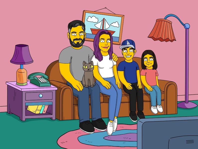 May include: A cartoon illustration of a family of four sitting on a brown couch in a living room. The family is watching television. The father is wearing a grey shirt and blue jeans. The mother is wearing a white shirt and blue jeans. The son is wearing a blue shirt and black pants. The daughter is wearing a pink shirt and blue jeans. There is a cat sitting on the father's lap.