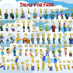 May include: A chart with 77 numbered squares, each containing a different cartoon character from the Simpsons. The chart is titled "Items For Free".