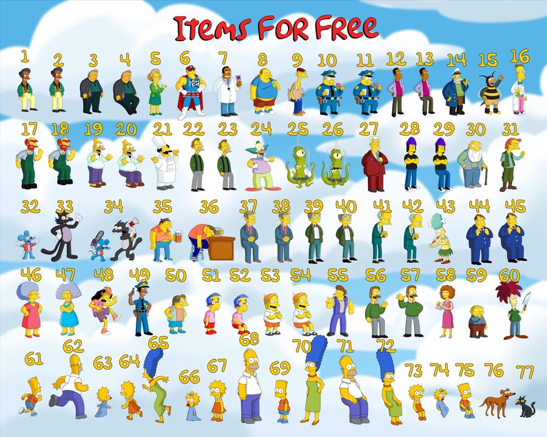 May include: A chart with 77 numbered squares, each containing a different cartoon character from the Simpsons. The chart is titled "Items For Free".