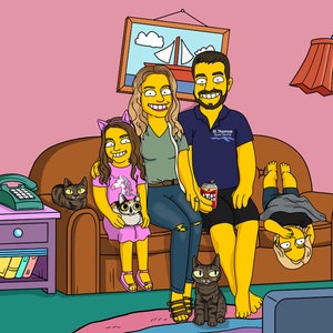 May include: A cartoon illustration of a family of four sitting on a brown couch in a living room. The family is made up of two parents and two children. The parents are sitting on the couch with their arms around each other. The children are sitting on the couch with their legs crossed. There are two cats sitting on the couch with the family. The family is smiling and looking at the camera. There is a television in the background.