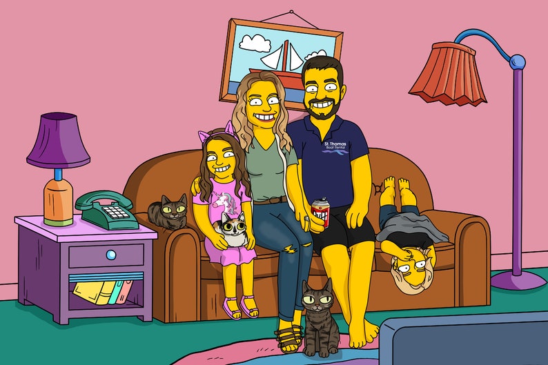 May include: A cartoon illustration of a family of four sitting on a brown couch in a living room. The family is made up of two parents and two children. The parents are sitting on the couch with their arms around each other. The children are sitting on the couch with their legs crossed. There are two cats sitting on the couch with the family. The family is smiling and looking at the camera. There is a television in the background.