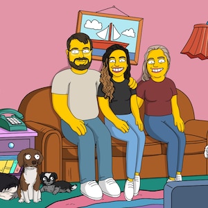 Portret rodziny Simpsonów na Boże Narodzenie, spersonalizowany prezent, niestandardowy żółty rysunek postaci, dekoracja świąteczna, sztuka kreskówkowa w stylu Springfield