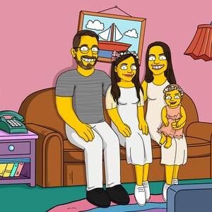 May include: A cartoon illustration of a family of four sitting on a brown couch in a living room. The father is wearing a striped shirt and white pants. The mother is wearing a white dress with a floral headband. The daughter is wearing a pink dress with a floral headband. The baby is wearing a pink dress with a floral headband. There is a lamp on a side table next to the couch.