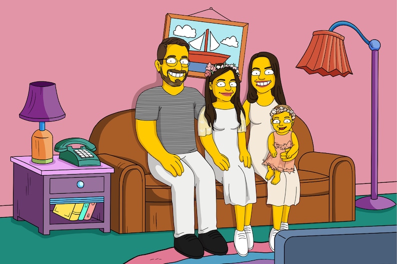 May include: A cartoon illustration of a family of four sitting on a brown couch in a living room. The father is wearing a striped shirt and white pants. The mother is wearing a white dress with a floral headband. The daughter is wearing a pink dress with a floral headband. The baby is wearing a pink dress with a floral headband. There is a lamp on a side table next to the couch.