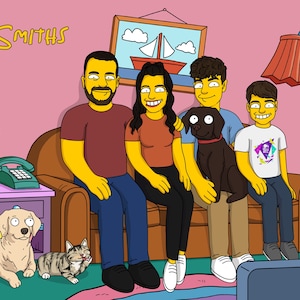 May include: A cartoon illustration of a family, "The Smiths", sitting on a couch in a living room. The family includes two adults, two children, a dog, and a cat. The adults are wearing casual clothing, and the children are wearing t-shirts. The dog is brown and the cat is gray and white.