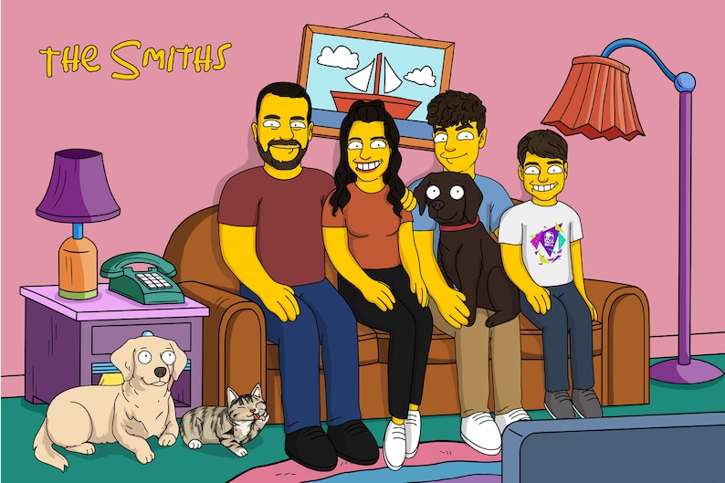 May include: A cartoon illustration of a family, "The Smiths", sitting on a couch in a living room. The family includes two adults, two children, a dog, and a cat. The adults are wearing casual clothing, and the children are wearing t-shirts. The dog is brown and the cat is gray and white.