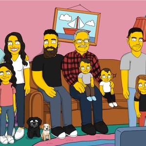 May include: A cartoon illustration of a family of nine, including two dogs, sitting on a brown couch in front of a pink wall. The family is smiling and looking at the camera. There is a painting of a sailboat on the wall behind them.