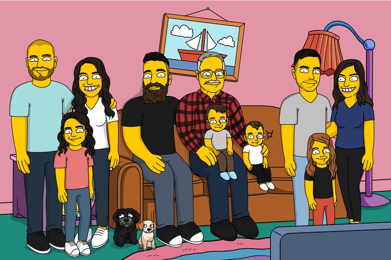 May include: A cartoon illustration of a family of nine, including two dogs, sitting on a brown couch in front of a pink wall. The family is smiling and looking at the camera. There is a painting of a sailboat on the wall behind them.