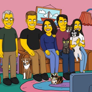 Retrato familiar con temática de Los Simpson: arte de dibujos animados personalizado para Año Nuevo, Navidad o cualquier ocasión especial.