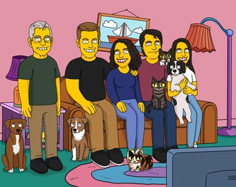 Simpsons Themed Family Portrait - Custom Cartoon Art for New Year, Christmas, or Any Special Occasion Gift