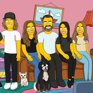May include: A cartoon illustration of a family with two dogs and a cat. The family is sitting on a couch in a living room. The family is all smiling and looking at the camera. The dogs are sitting on the floor in front of the couch. The cat is sitting on the couch next to the family.