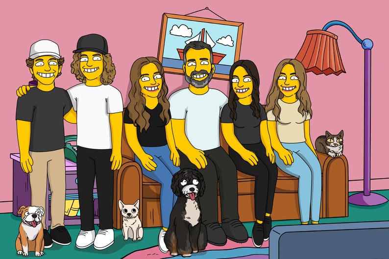 May include: A cartoon illustration of a family with two dogs and a cat. The family is sitting on a couch in a living room. The family is all smiling and looking at the camera. The dogs are sitting on the floor in front of the couch. The cat is sitting on the couch next to the family.