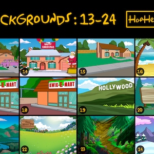 May include: A set of 12 cartoon backgrounds featuring various locations, including a house, a store, a beach, a forest, and a mountain range. The backgrounds are in a bright, colorful style and are perfect for use in digital art, animation, or graphic design.