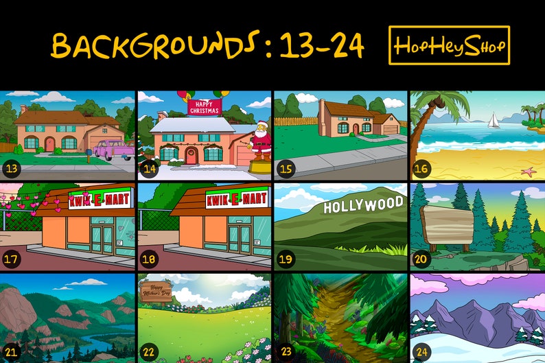 May include: A set of 12 cartoon backgrounds featuring various locations, including a house, a store, a beach, a forest, and a mountain range. The backgrounds are in a bright, colorful style and are perfect for use in digital art, animation, or graphic design.