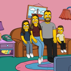 Ritratto artistico della famiglia Simpson, disegno personalizzato della famiglia dei cartoni animati, stampa digitale in stile Simpson, pelle gialla