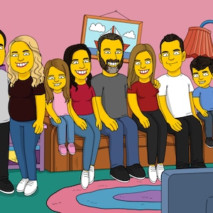 Tokyo Simpsons Porträt Benutzerdefinierte gelbe Figur Japan Szene, personalisierte Familie Cartoon Zeichnung Globales Abenteuer Digitale Reisekunst