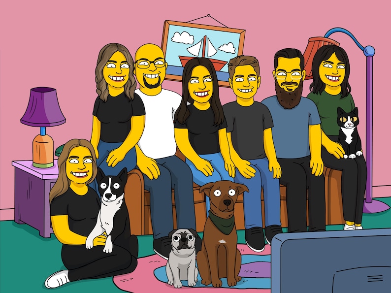 May include: A cartoon illustration of a group of friends with their pets. The friends are sitting on a couch in front of a television. There are two dogs and a cat in the image. The friends are all smiling and looking at the television.